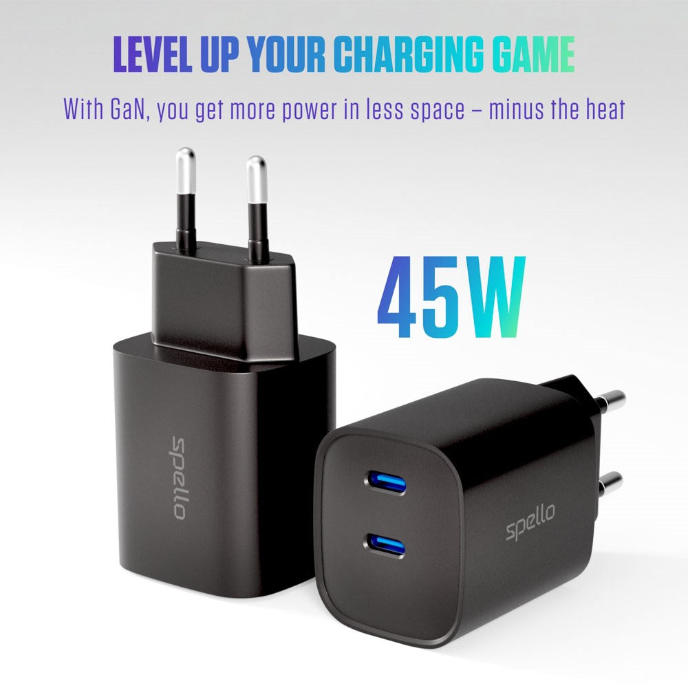 Spello 45W PD (Power Delivery) Wall Charger with 2 x USB-C - Black