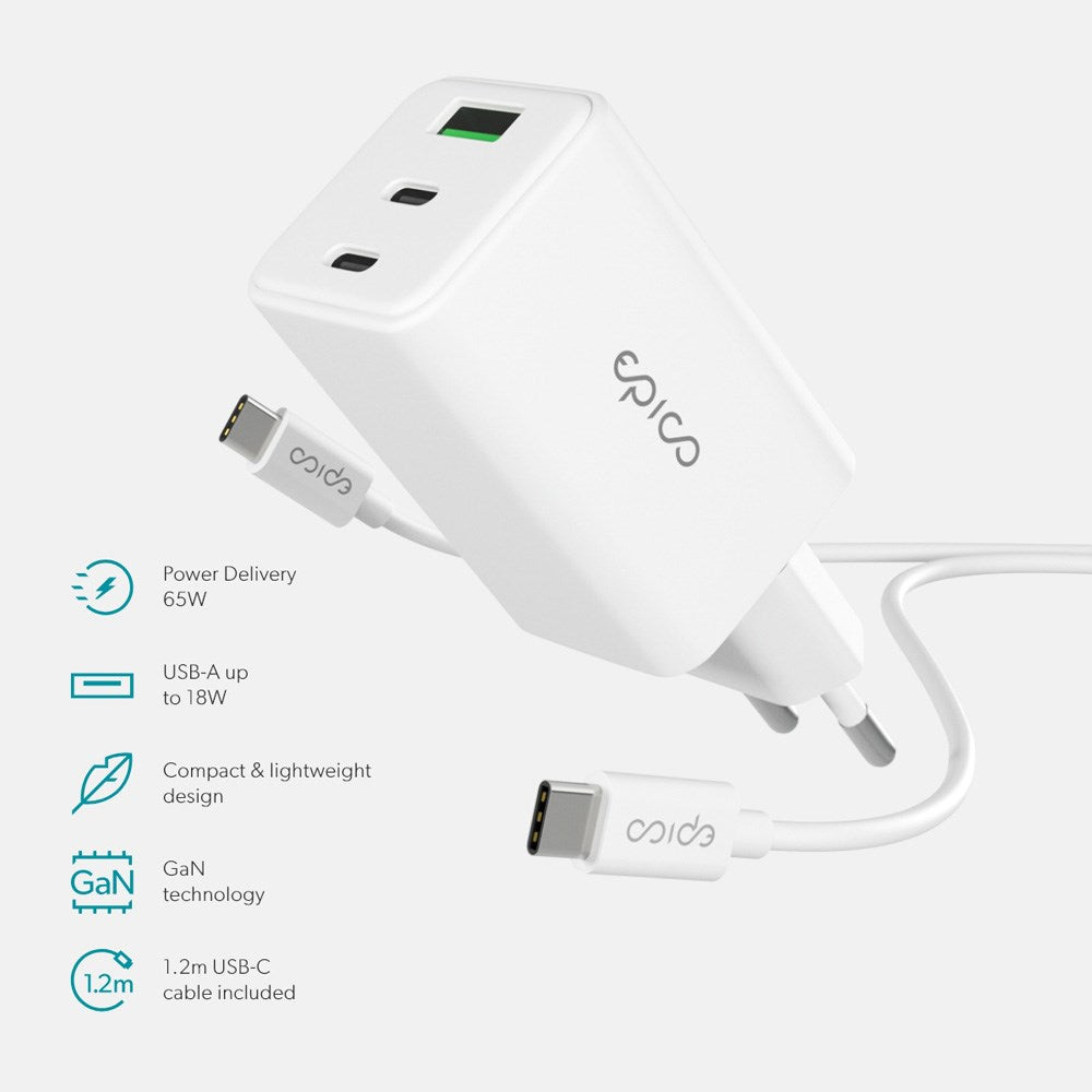 Epico UltraBoost GaN 65W Wall Charger with 1.2m USB-C to USB-C Cable - 2x USB-C / 1x USB-A - White