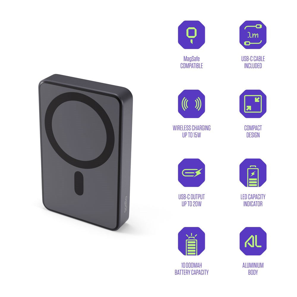 Spello ForcePack 10,000mAh Magnetic Power Bank 15W - MagSafe Compatible - Dark Grey