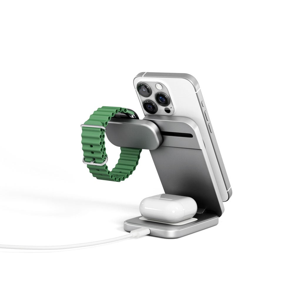 Spello ForceBase Foldable 3-in-1 Wireless Qi2 Charger 15W - MagSafe Compatible - Silver