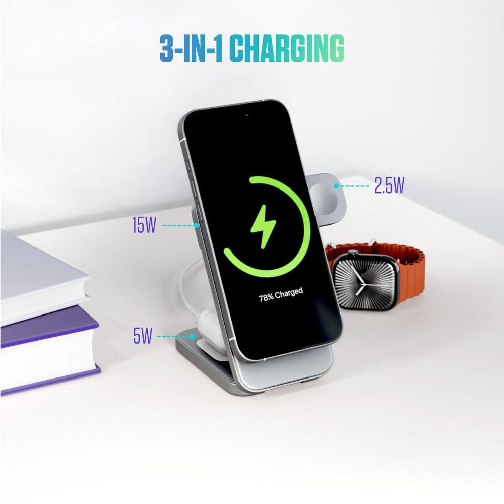 Spello ForceBase Foldable 3-in-1 Wireless Qi2 Charger 15W - MagSafe Compatible - Silver