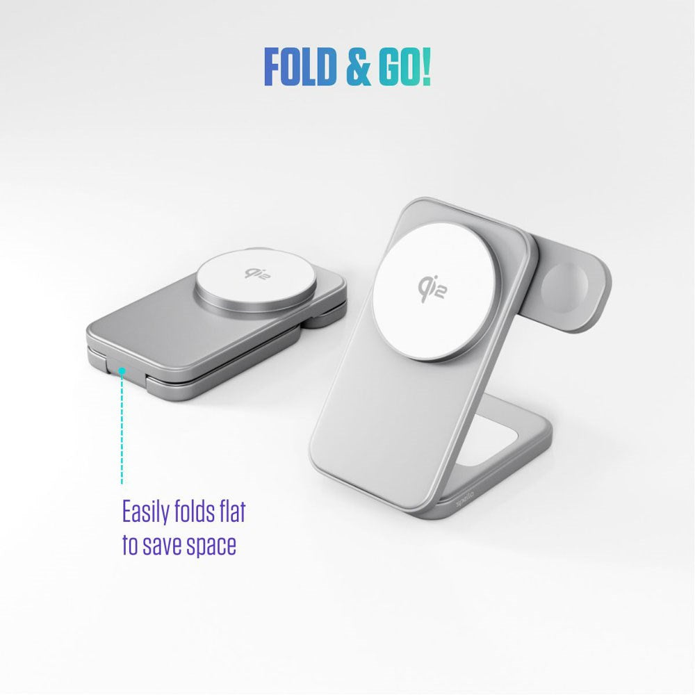 Spello ForceBase Foldable 3-in-1 Wireless Qi2 Charger 15W - MagSafe Compatible - Silver