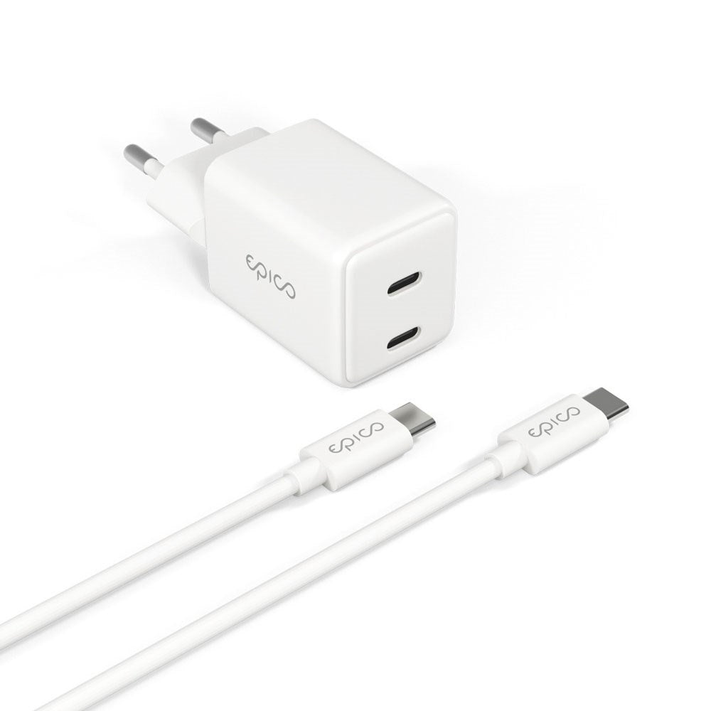 Epico UltraBoost GaN 35W Wall Charger with 1.2m USB-C to USB-C Cable - 2x USB-C - White