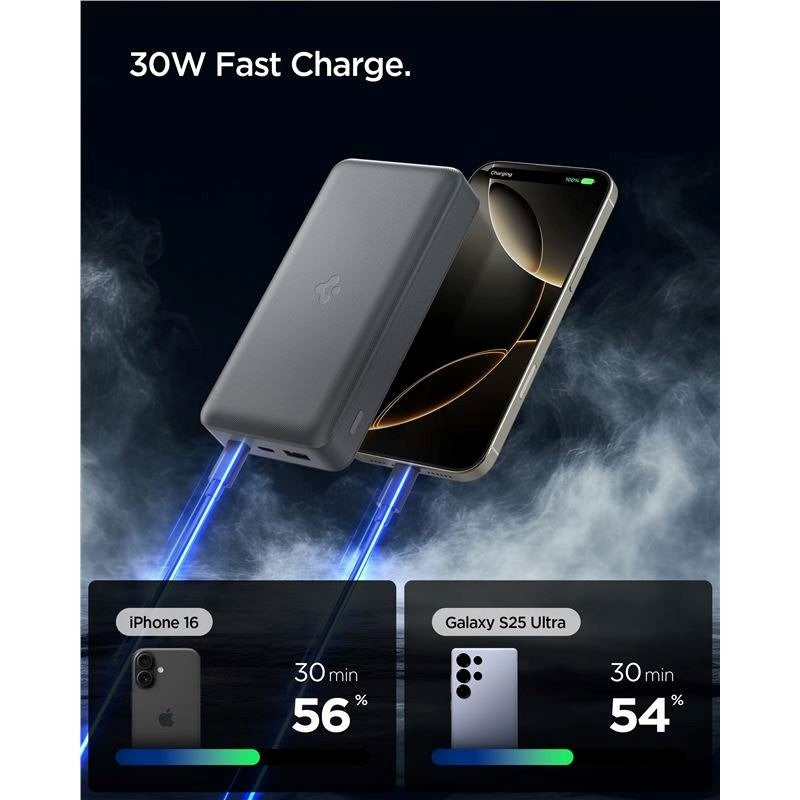 Spigen Essential 30.000mAh Powerbank with 2 x USB-C - 1 x USB-A - 30W - Grey