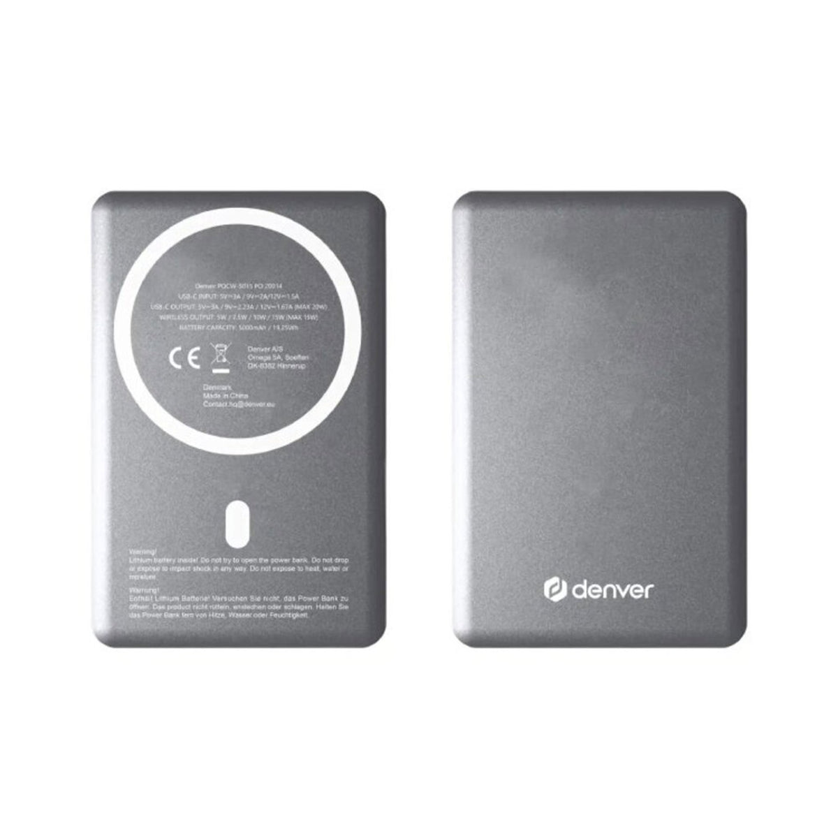 Denver PQCW-5015 15W Wireless PowerBank - 5000 mAh - MagSafe Compatible - Grey