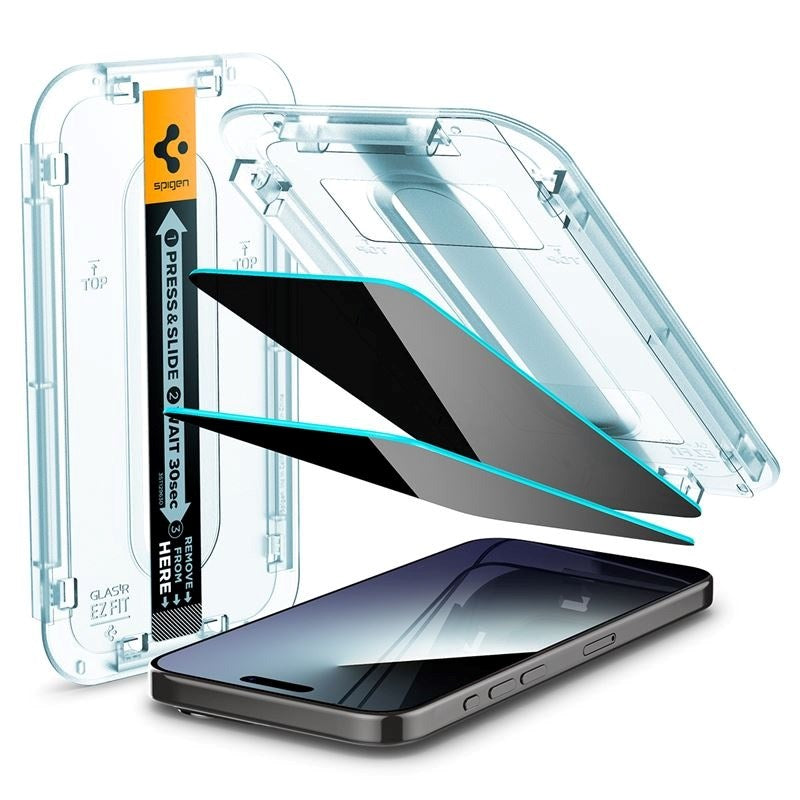 iPhone 15 Pro Max Spigen EZ Fit Glas.tR Screen Protection 2 Pcs. - Privacy Filter - Case Friendly - Transparent