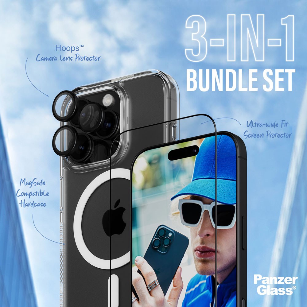 iPhone 16 Pro PanzerGlass 3-i-1 Bundle m. EasyAligner - Screen Protector (UWF) / Case / Camera Protection - Transparent / Black