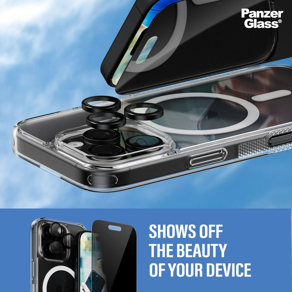 iPhone 16 Pro PanzerGlass 3-i-1 Bundle m. EasyAligner - Privacy Screen Protector (UWF) / Case / Camera Protection - Transparent / Black