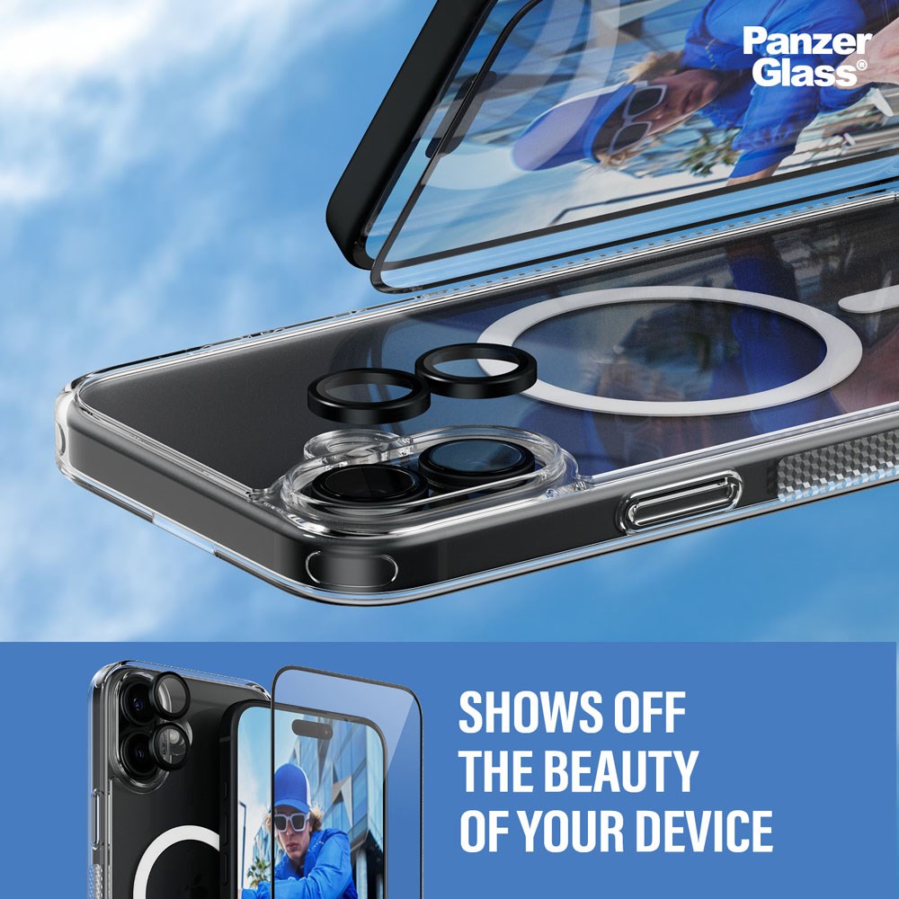 iPhone 16 Plus PanzerGlass 3-i-1 Bundle m. EasyAligner - Screen Protector (UWF) / Case / Camera Protection - Transparent / Black