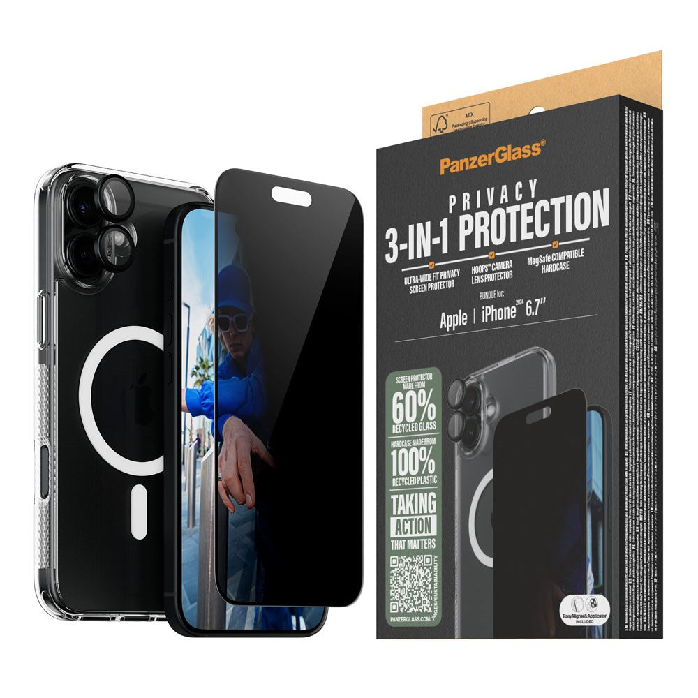 iPhone 16 Plus PanzerGlass 3-i-1 Bundle m. EasyAligner - Privacy Screen Protector (UWF) / Case / Camera Protection - Transparent / Black