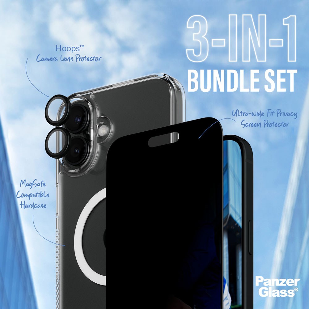 iPhone 16 Plus PanzerGlass 3-i-1 Bundle m. EasyAligner - Privacy Screen Protector (UWF) / Case / Camera Protection - Transparent / Black