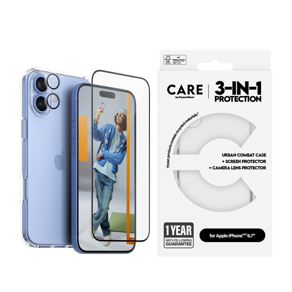 CARE By PanzerGlass iPhone 16 Plus 3-i-1 FLAGSHIP Bundle - Screen Protector (UWF) / Case / Camera Protection - Transparent
