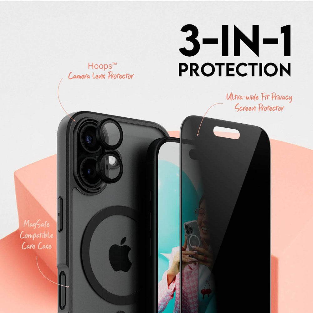 CARE By PanzerGlass iPhone 16 3-i-1 FLAGSHIP MagSafe Bundle - Privacy Screen Protector (UWF) / Case / Camera Protection - Transparent / Black