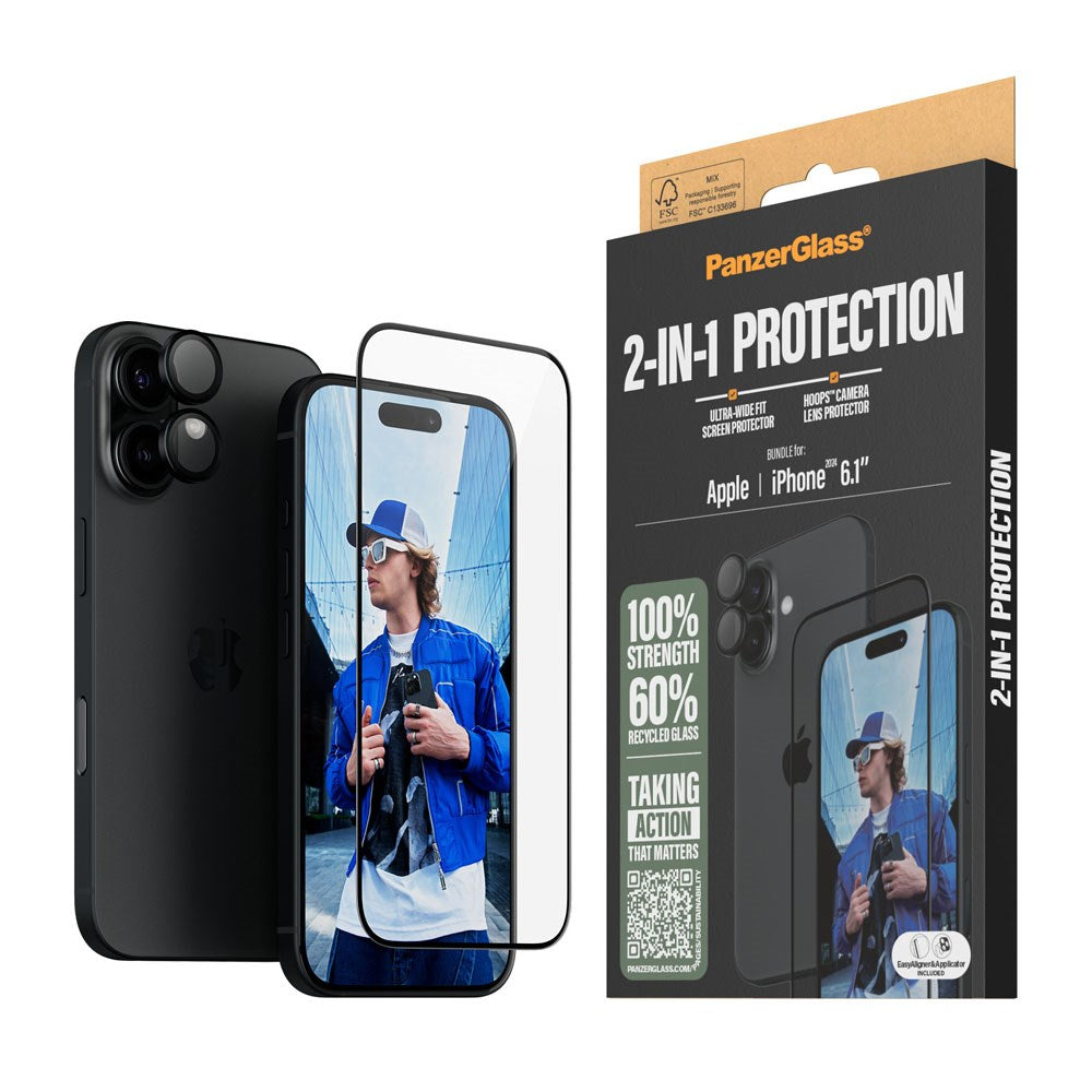 iPhone 16 PanzerGlass 2-i-1 Bundle w. EasyAligner - Screen Protector (UWF) / Camera Protection - Transparent / Black