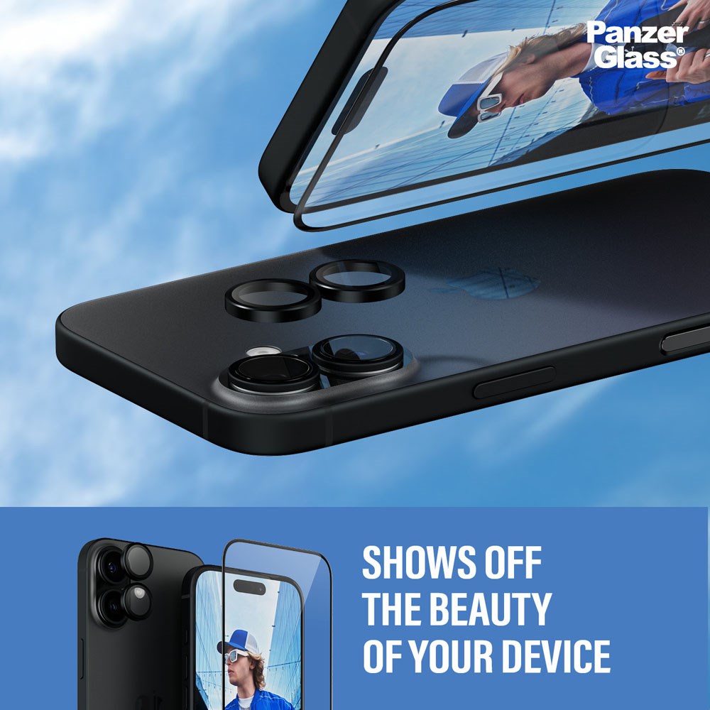 iPhone 16 PanzerGlass 2-i-1 Bundle w. EasyAligner - Screen Protector (UWF) / Camera Protection - Transparent / Black