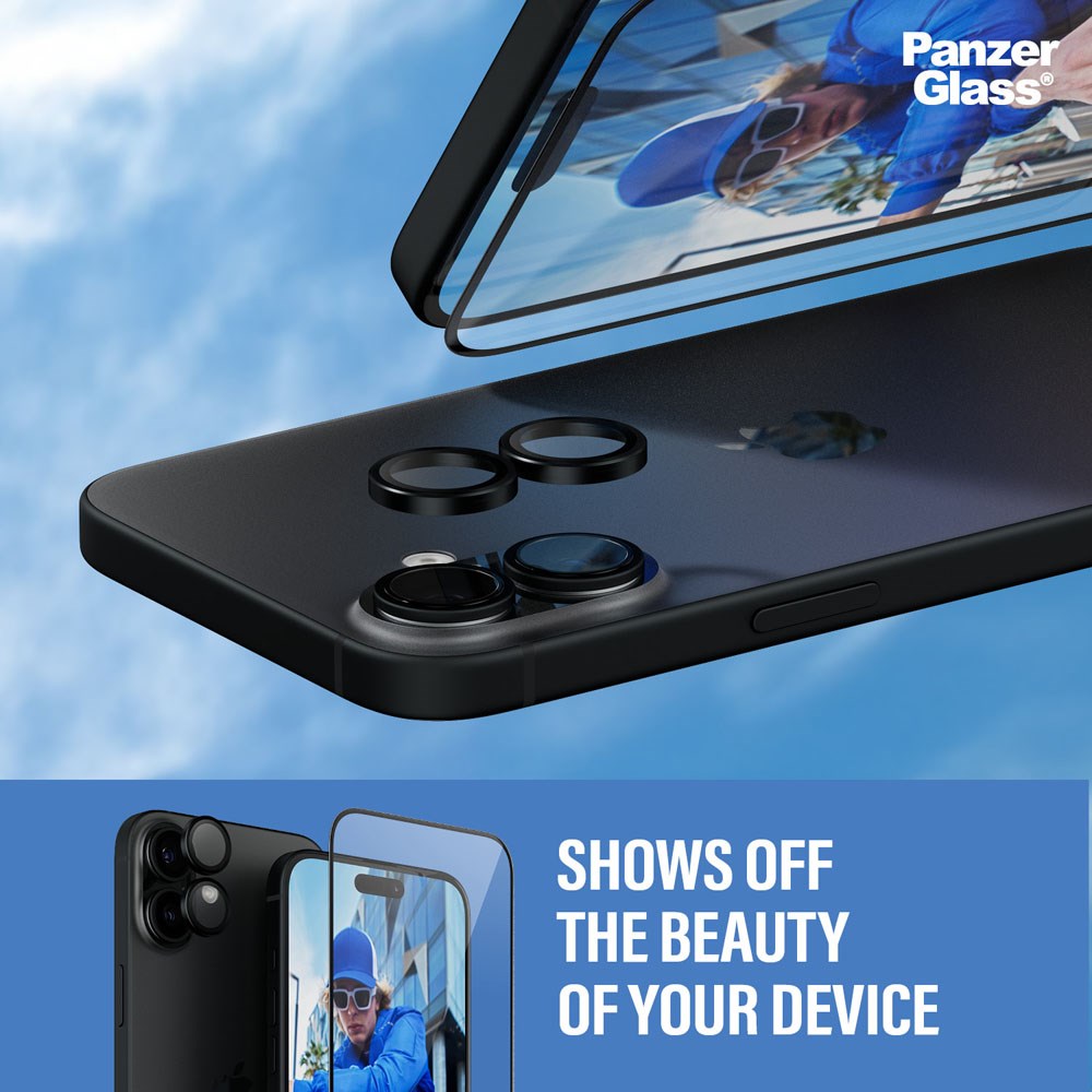 iPhone 16 Plus PanzerGlass 2-i-1 Bundle w. EasyAligner - Screen Protector (UWF) / Camera Protection - Transparent / Black