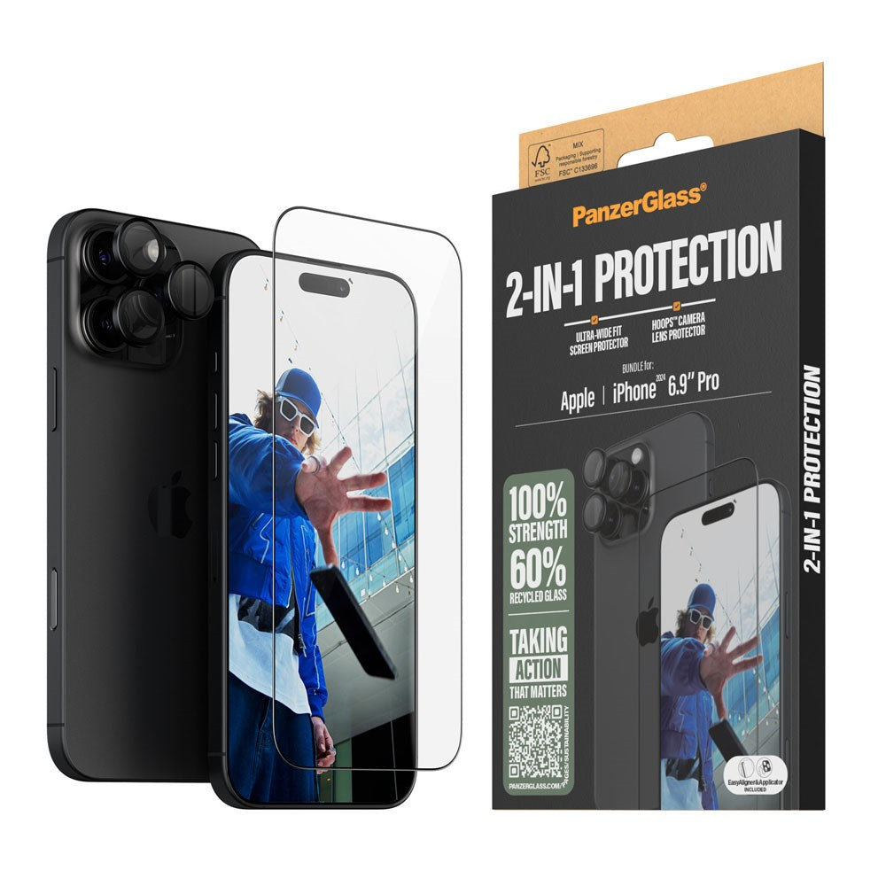 iPhone 16 Pro Max PanzerGlass 2-i-1 Bundle w. EasyAligner - Screen Protector (UWF) / Camera Protection - Transparent / Black