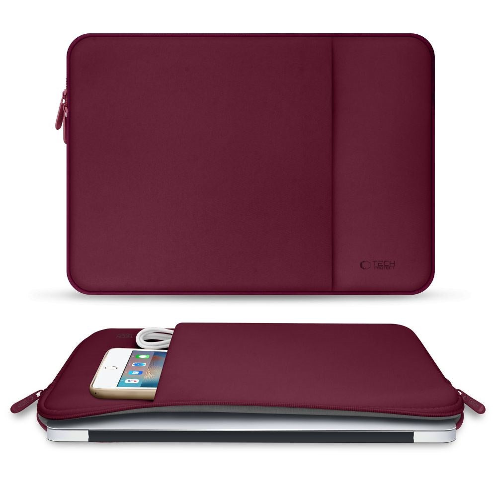 Tech-Protect MacBook / Laptop Neoprene Sleeve 14" (34.5 x 24.5 cm) w. Extra Pocket - - Burgundy