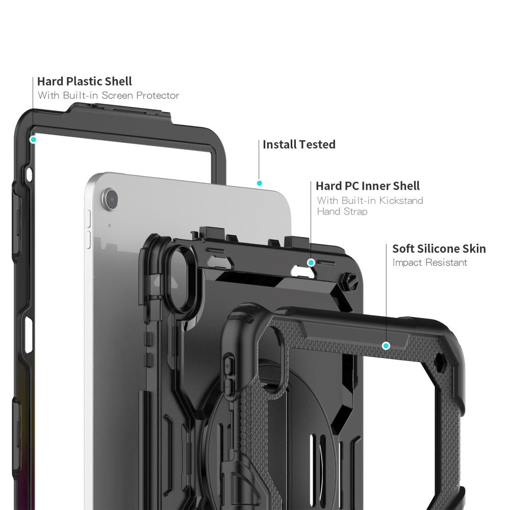 iPad 10.9" (2024/2022) Tech-Protect Solid360 Case w. Protective Film, Hand Holder & Shoulder Strap - Black