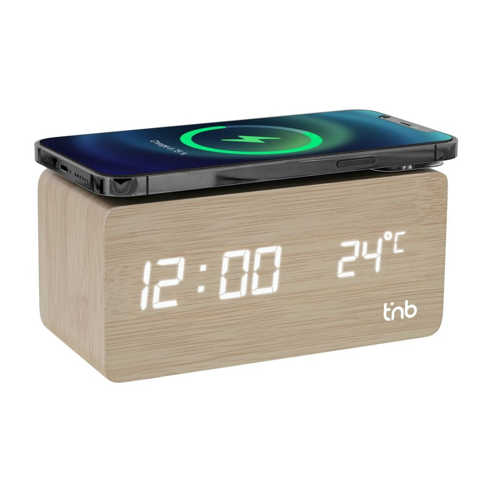 T'NB LED Alarm Clock with 5W Wireless Charger - Wood