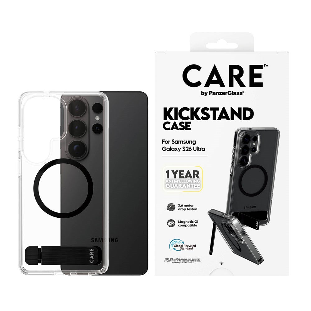 Samsung Galaxy S26 Ultra CARE by PanzerGlass Feature Kickstand Case - Qi Compatible - Transparent / Black