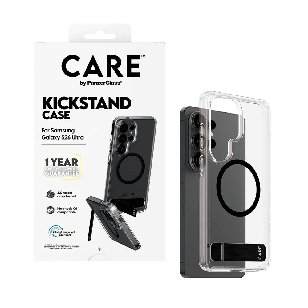 Samsung Galaxy S26 Ultra CARE by PanzerGlass Feature Kickstand Case - Qi Compatible - Transparent / Black