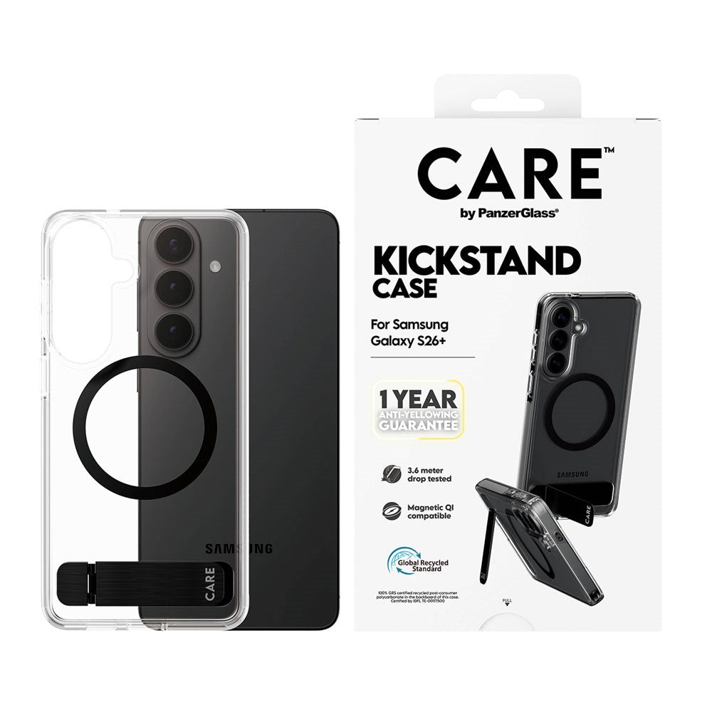 Samsung Galaxy S26+ (Plus) CARE by PanzerGlass Feature Kickstand Case - Qi Compatible - Transparent / Black
