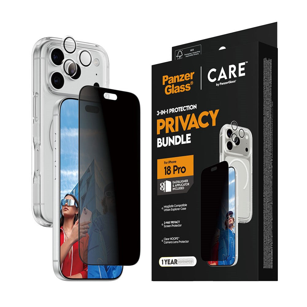 iPhone 18 Pro CARE by PanzerGlass 3-i-1 FLAGSHIP Bundle - Case / Privacy Screen Protector (UWF) / Camera Protection - Transparent / Black
