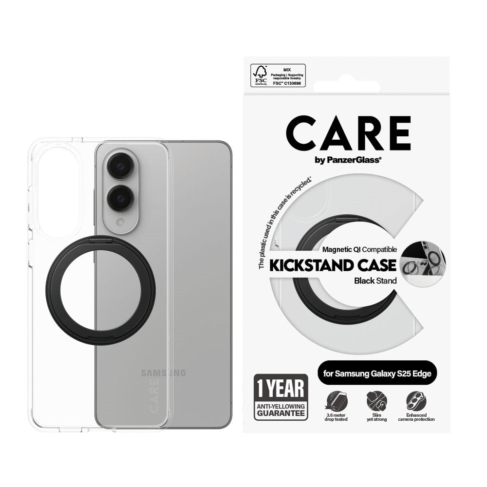 CARE by PanzerGlass Samsung Galaxy S25 Edge Feature Kickstand Case - MagSafe Compatible - Transparent / Black