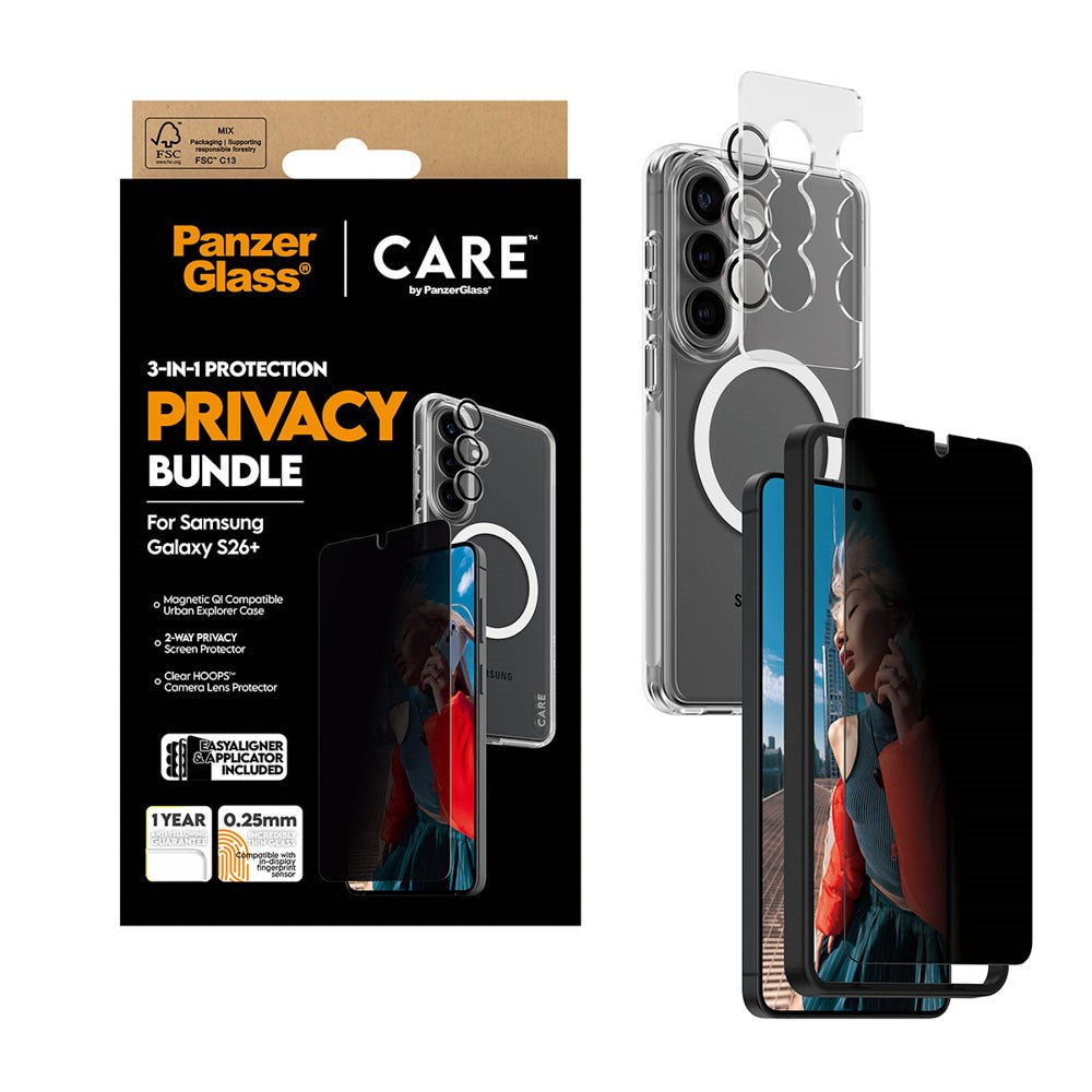 Samsung Galaxy S26+ (Plus) Urban Combat 3-in-1 Privacy Bundle with Case / Screen Protector (Privacy) / Camera Protection - Qi Compatible - Transparent