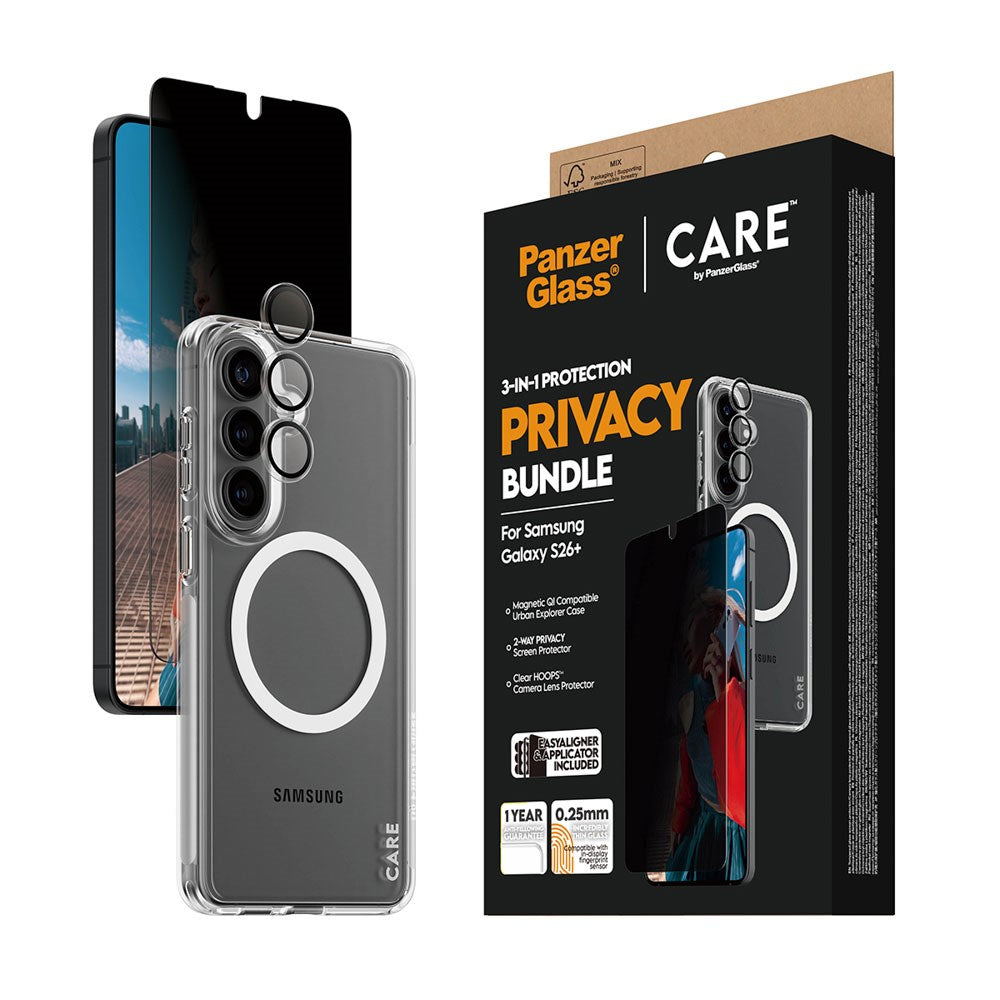 Samsung Galaxy S26+ (Plus) Urban Combat 3-in-1 Privacy Bundle with Case / Screen Protector (Privacy) / Camera Protection - Qi Compatible - Transparent