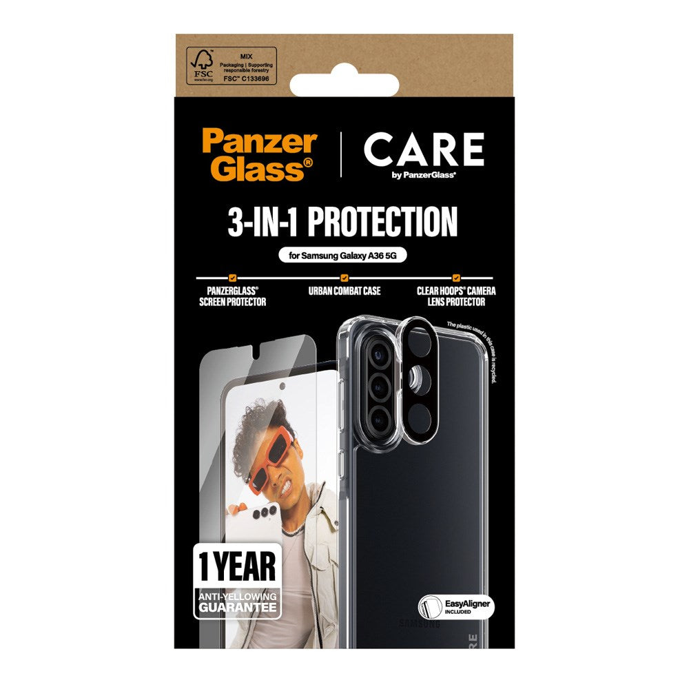 CARE by PanzerGlass Samsung Galaxy A36 (5G) 3-i-1 FLAGSHIP Bundle - Case / Screen Protector (UWF) / Camera Protection - Transparent