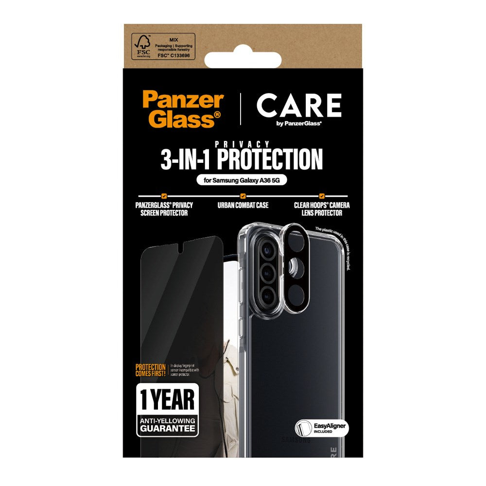 CARE by PanzerGlass Samsung Galaxy A36 (5G) 3-i-1 FLAGSHIP Bundle - Case / Privacy Screen Protector (UWF) / Camera Protection - Transparent / Black