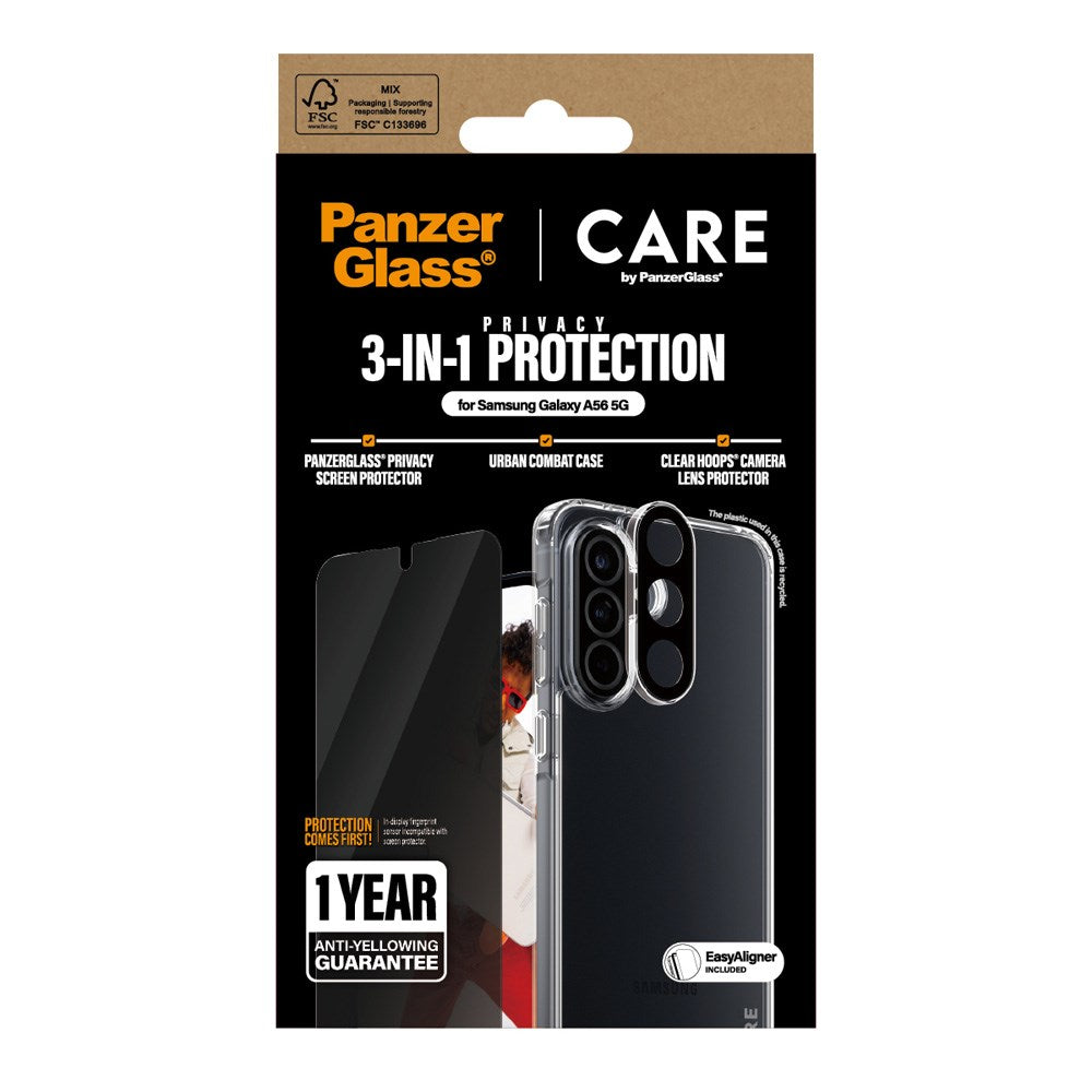 CARE by PanzerGlass Samsung Galaxy A56 (5G) 3-i-1 FLAGSHIP Bundle - Case / Privacy Screen Protector (UWF) / Camera Protection - Transparent / Black
