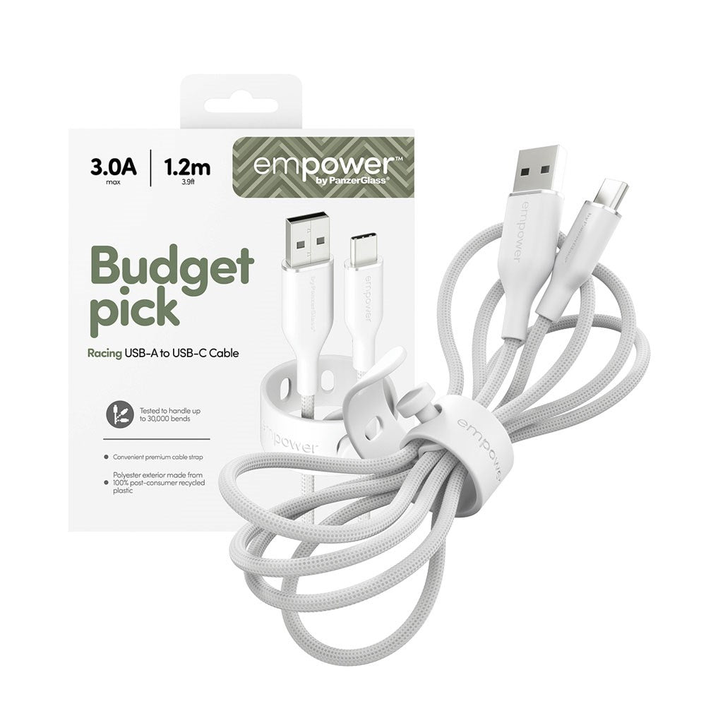 empower by PanzerGlass Racing 60W USB-A to USB-C Cable – 1.2m – Silver White