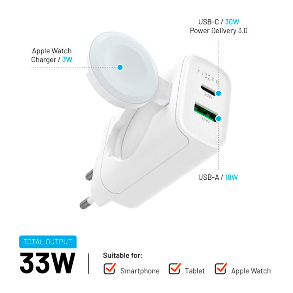 Fixed MagFlip 3-in-1 Charger 33W - Apple Watch/USB-C 30W/USB-A 18W - White
