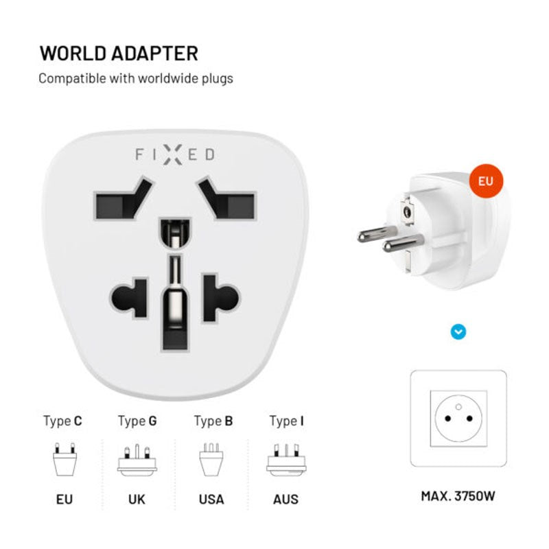 Fixed Travel Adapter for EU / UK / USA / AUS - White