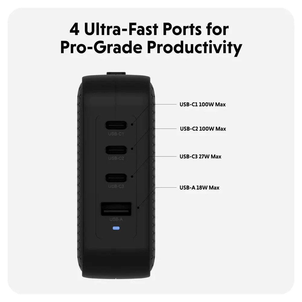 Targus HyperJuice 100W Travel Charger w. 1x USB-A & 3x USB-C - incl. 4x Plug Adapters - Black
