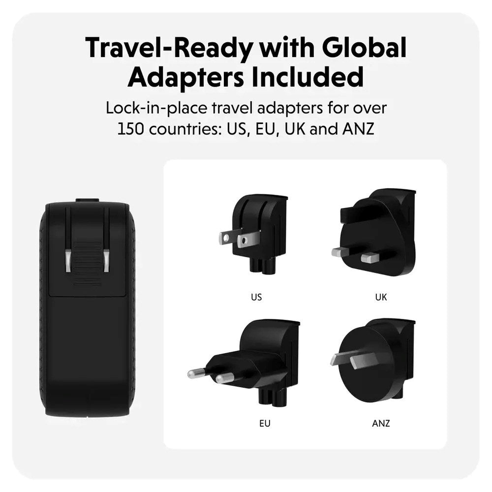 Targus HyperJuice 70W Travel Charger w. 1x USB-A & 2x USB-C - incl. 4x Plug Adapters - Black