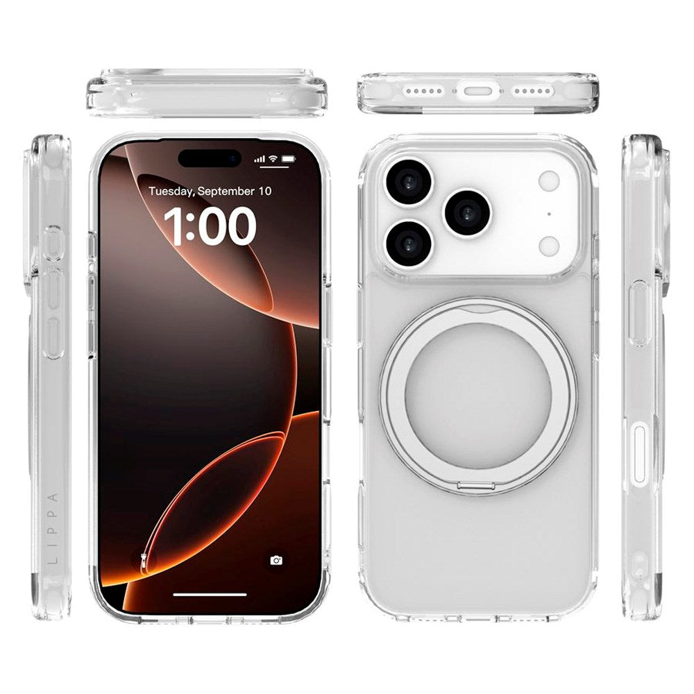 iPhone 17 Pro Lippa Hybrid Plastic Case with 360 Rotating Kickstand - MagSafe Compatible - Transparent / Silver