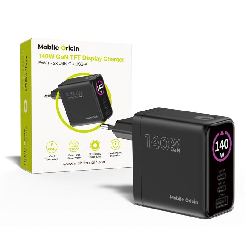 Display Wall Charger Mobile Origin GaN 140W with 2x USB-C + 1x USB-A - Black
