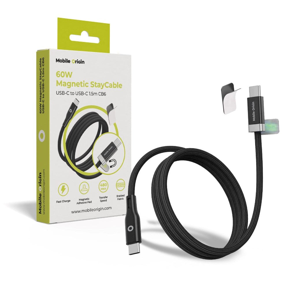 Magnetic USB-C to USB-C Cable Mobile Origin 60W with 2x Self-Adhesive Magnetic Pads - 1.5m - Black