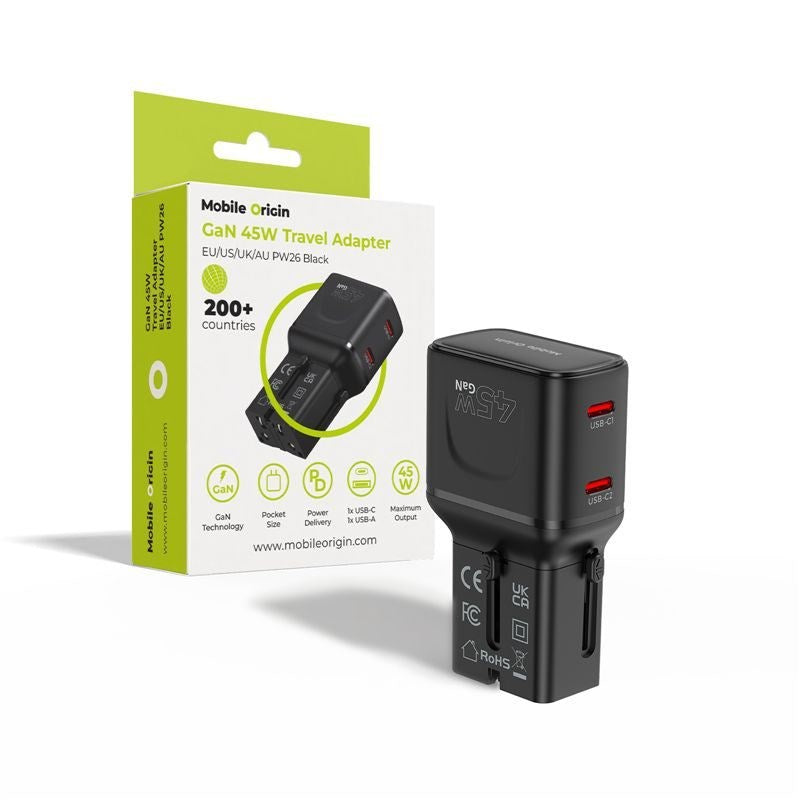Travel Adapter Mobile Origin 45W EU / US / UK / AU - Black