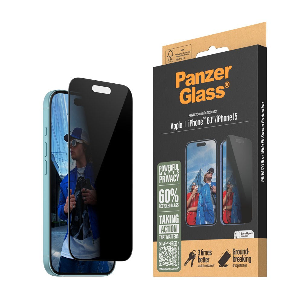 iPhone 15 / 16 PanzerGlass Ultra Wide Fit Screen Protector w. EasyAligner - Privacy - Diamond Strength - Transparent / Black Edge