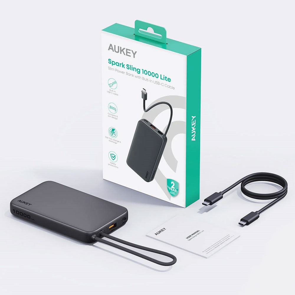Aukey Spark Sling Powerbank with Built-in USB-C Cable - 10,000mAh - 20W - 1 x USB-C - 1 x USB-A - Grey