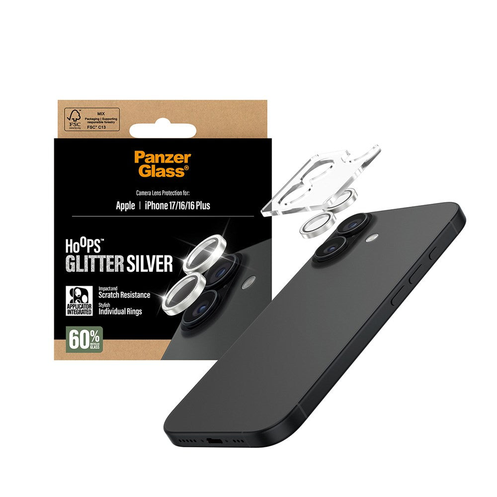 PanzerGlass iPhone 17 / 16 / 16 Plus Hoops Camera Lens Protection with Installation Frame - Glitter Silver