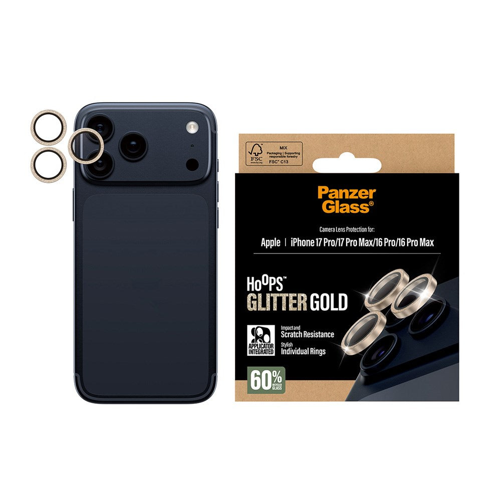 PanzerGlass iPhone 17 Pro / 17 Pro Max / 16 Pro / 16 Pro Max Hoops Camera Lens Protection with Installation Frame - Glitter Gold