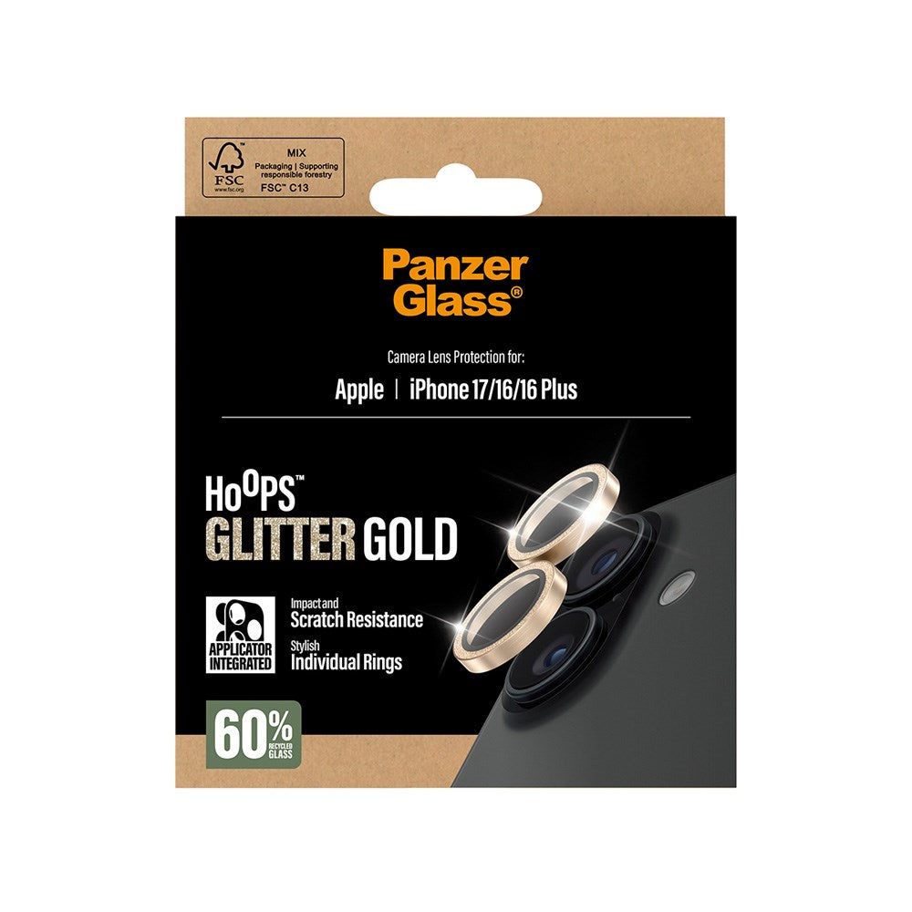 PanzerGlass iPhone 17 / 16 / 16 Plus Hoops Camera Lens Protection with Installation Frame - Glitter Gold