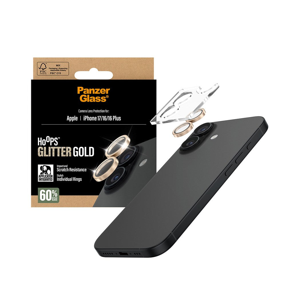 PanzerGlass iPhone 17 / 16 / 16 Plus Hoops Camera Lens Protection with Installation Frame - Glitter Gold