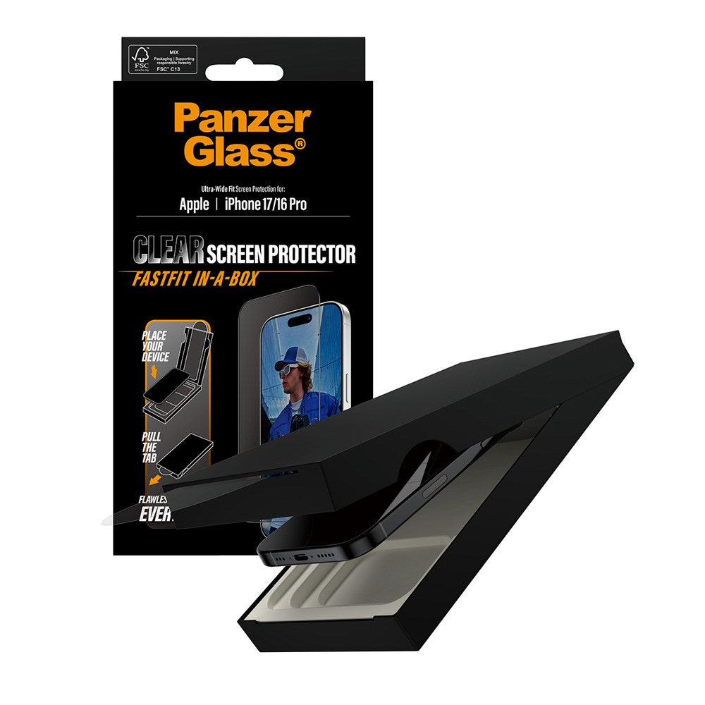 PanzerGlass iPhone 17 / 16 Pro Screen Protector Glass with FastFit In-A-Box - Ultra Wide Fit - Transparent